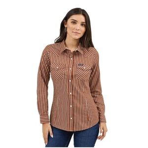 Wrangler Retro Rust Striped Pearl Snap Western Shirt Ladies Size Small